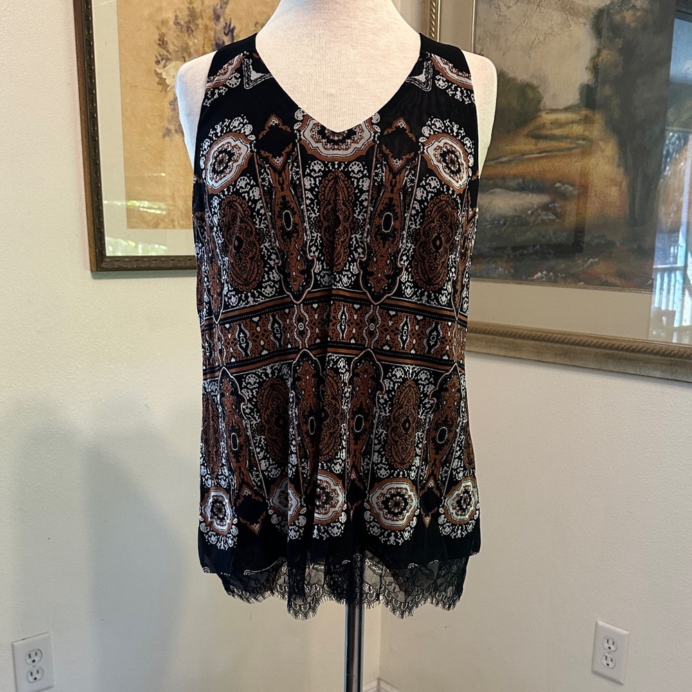 INC. International Concepts Black/Bronze Paisley Lace-Trim Top Size Large